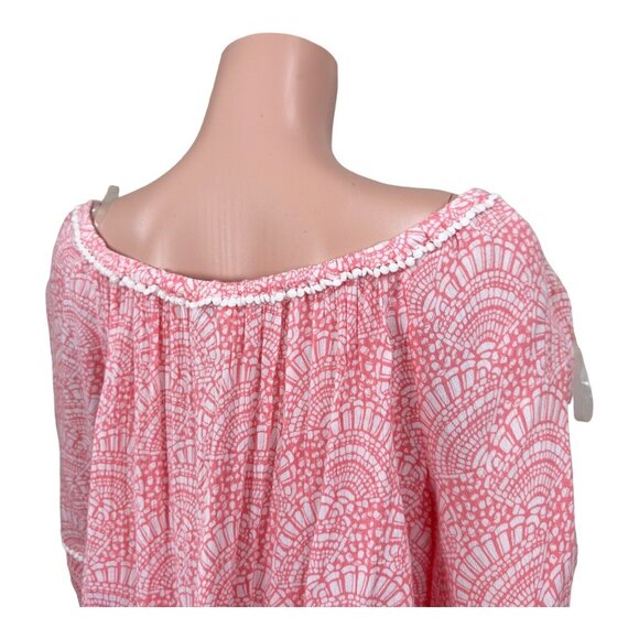 Crown & Ivy Women sz L Petite  Coral Top Blouse Tie Collar Neck Crochet Detail - Picture 9 of 15